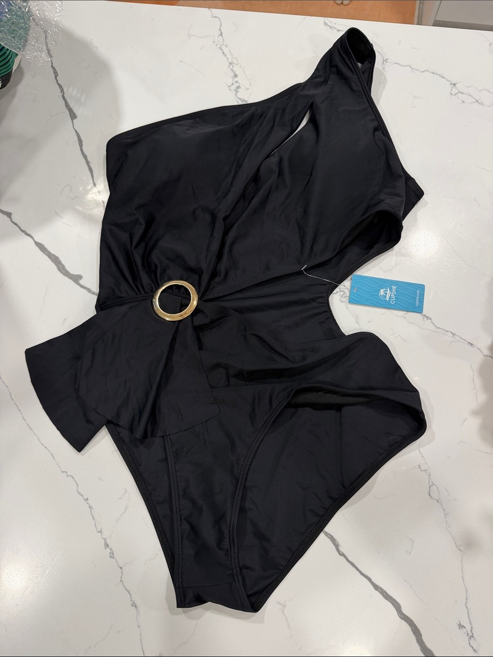 NWT Cupshe One-Shoulder Black Swimsuit with Gold Accent